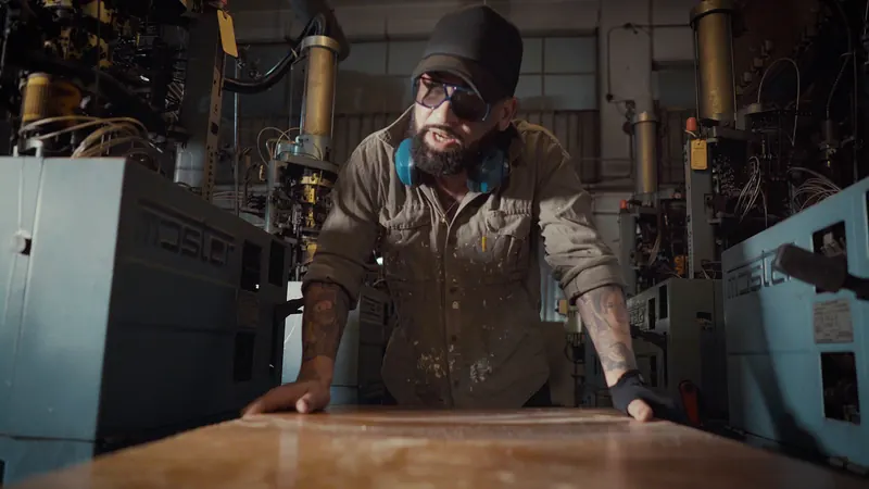 Un hombre de gorra y anteojos oscuros apoya las manos en una mesa, con las máquinas de la fábrica detrás.