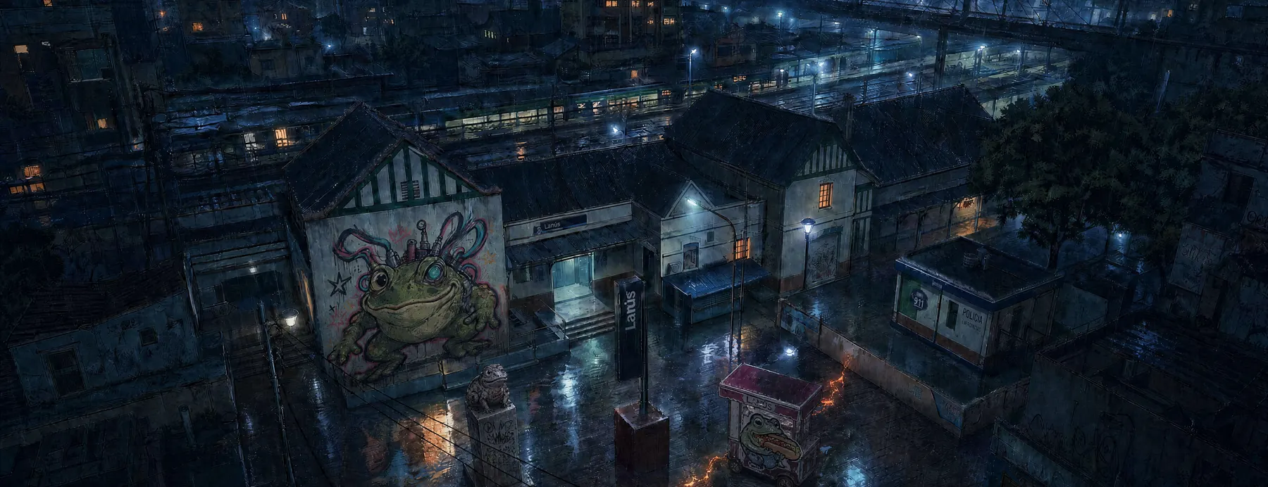 Vista cenital nocturna de la estación de Lanús y los puestos del mercado bajo la lluvia