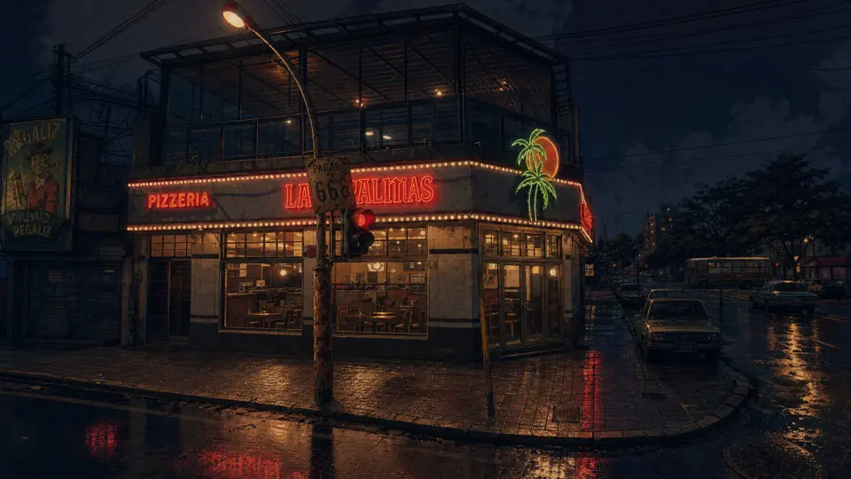 Exterior de la pizzería de esquina con cartel de neón rojo, en una calle mojada de noche