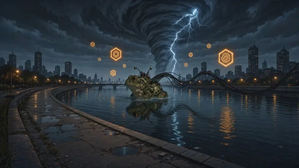 El Sapo emergiendo del Riachuelo bajo un tornado, con Lanús de fondo
