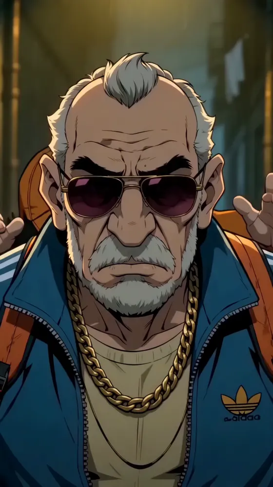 El Cóndor, hombre mayor de campera Adidas azul, cadena de oro y anteojos oscuros