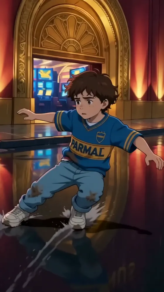 Joel, chico de 12 años con camiseta de Boca, frenando de rodillas sobre el piso mojado del bingo