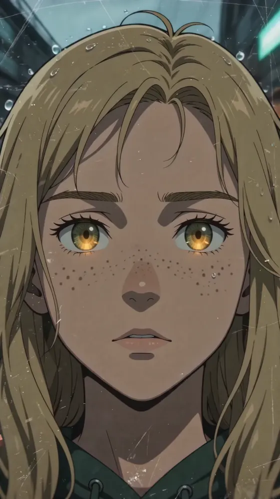 Pili, chica de 13 años, pelo rubio largo y pecas, buzo verde oscuro