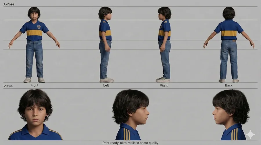 Turnaround 3D de Joel en A-pose con vistas de frente, izquierda, derecha y espalda, más estudios de cabeza