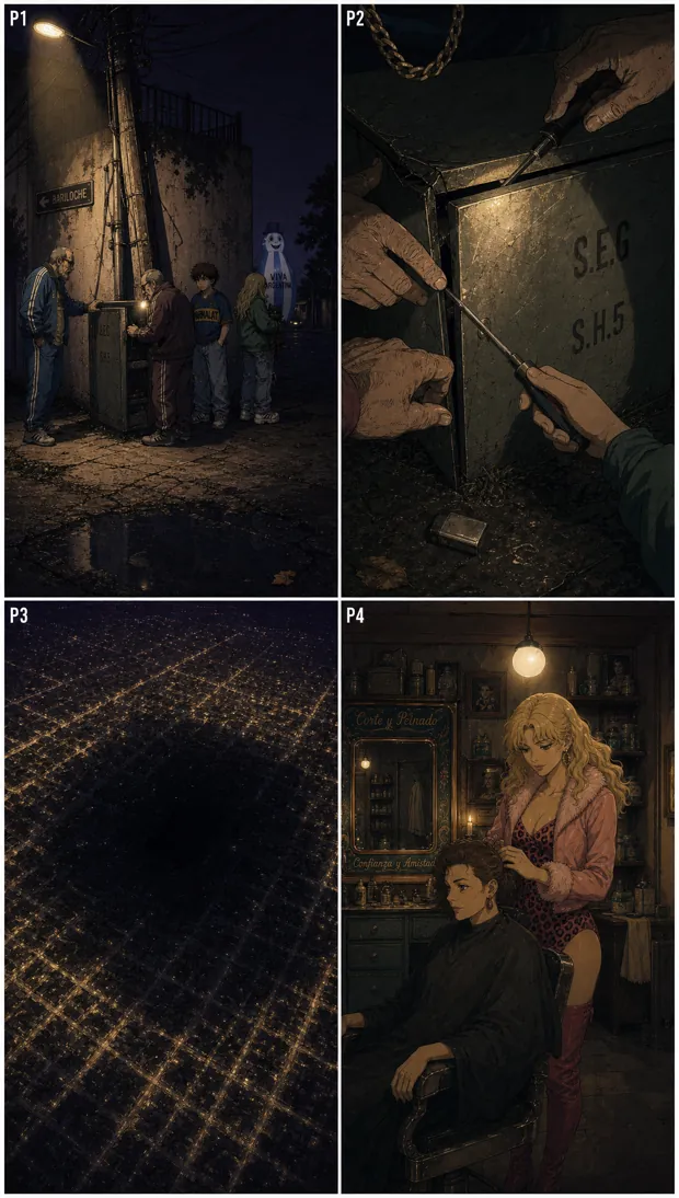 Lámina de storyboard de cuatro paneles renderizados en vertical