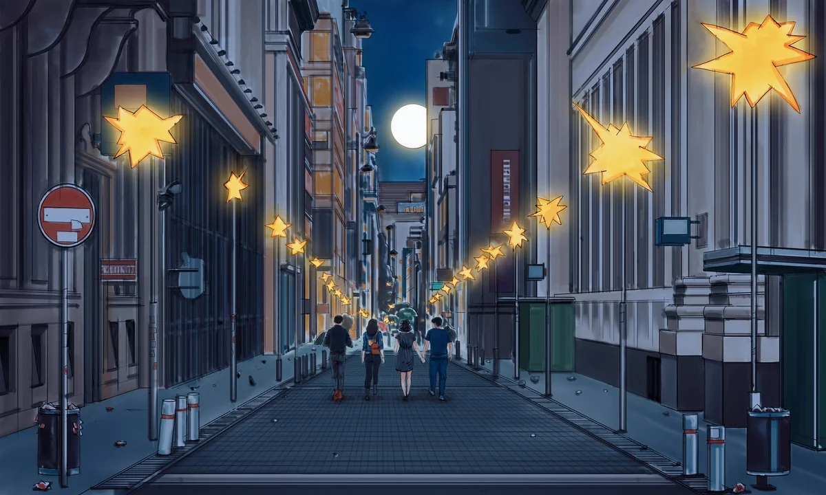 Dibujo de una calle nocturna con luna, estrellas luminosas y cuatro figuras de espaldas.