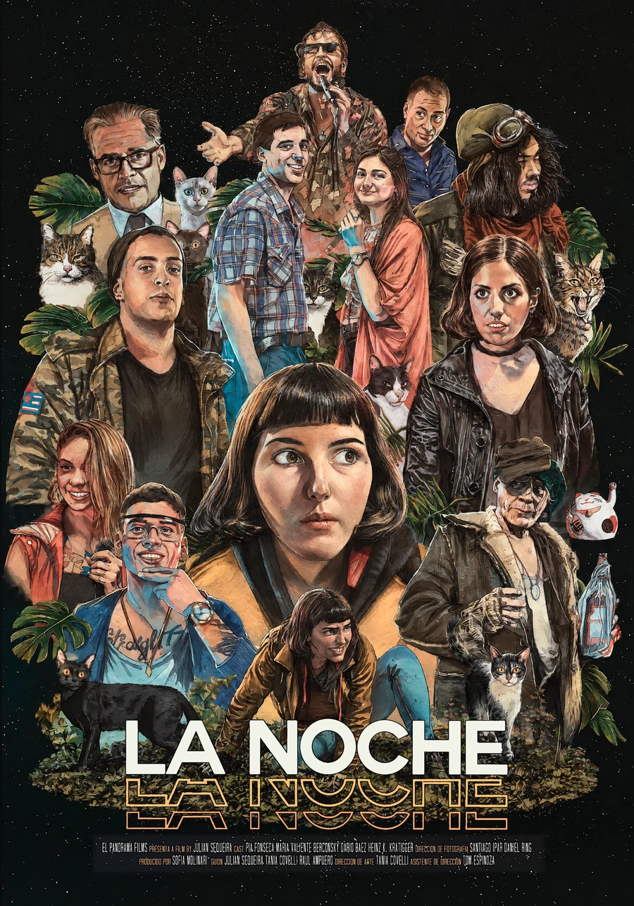 Póster de La Noche: retratos ilustrados del elenco entre gatos y plantas, sobre un fondo de estrellas, con el título y los créditos al pie.