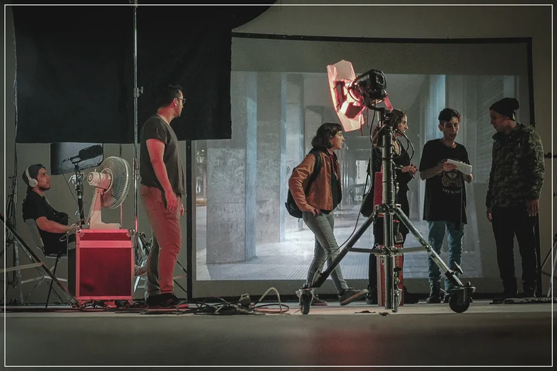 Equipo y elenco preparando una escena en el set.