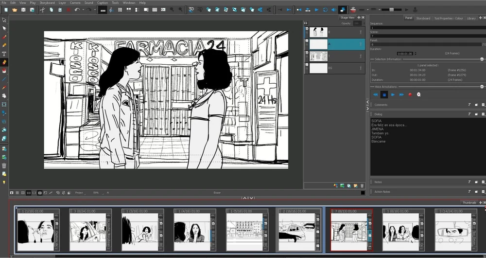 Captura del storyboard de La Noche: dos mujeres frente a una farmacia y miniaturas de planos.
