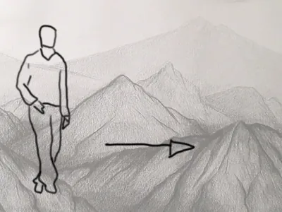 El hombre camina hacia la derecha frente a unas montañas dibujadas.