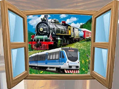 Una ventana de madera abierta con dos trenes del otro lado.
