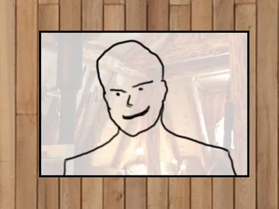 Un rostro sonriente enmarcado en un cuadro sobre una pared de madera.