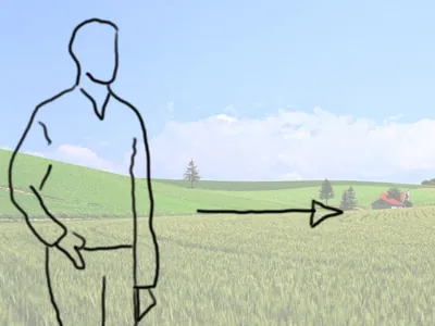 El hombre en el campo, más cerca, camina hacia la derecha.